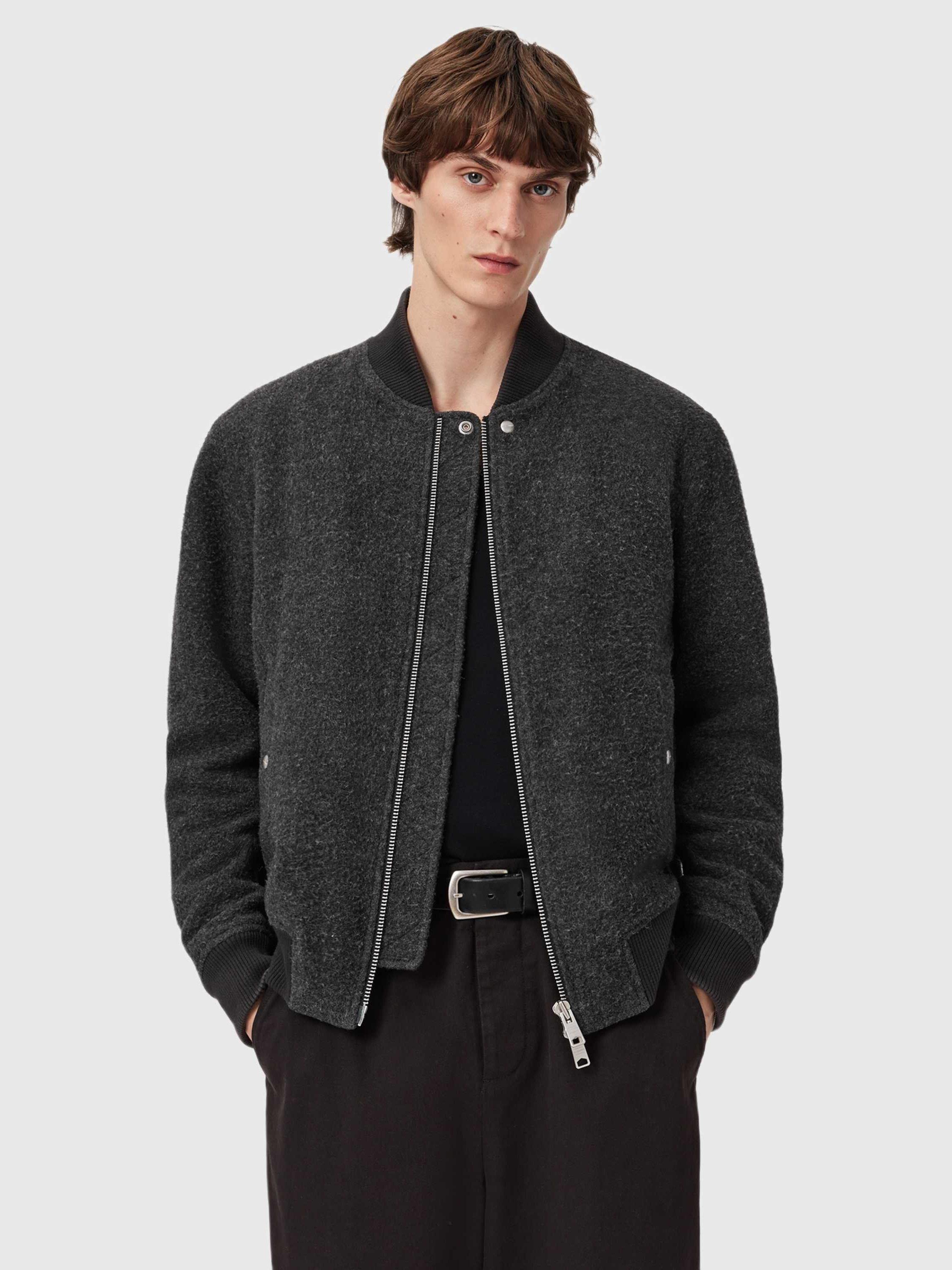 Product image 1 of 8, which shows AllSaints Saku Wool Blend Bomber Jacket, Grey Charcoal, L