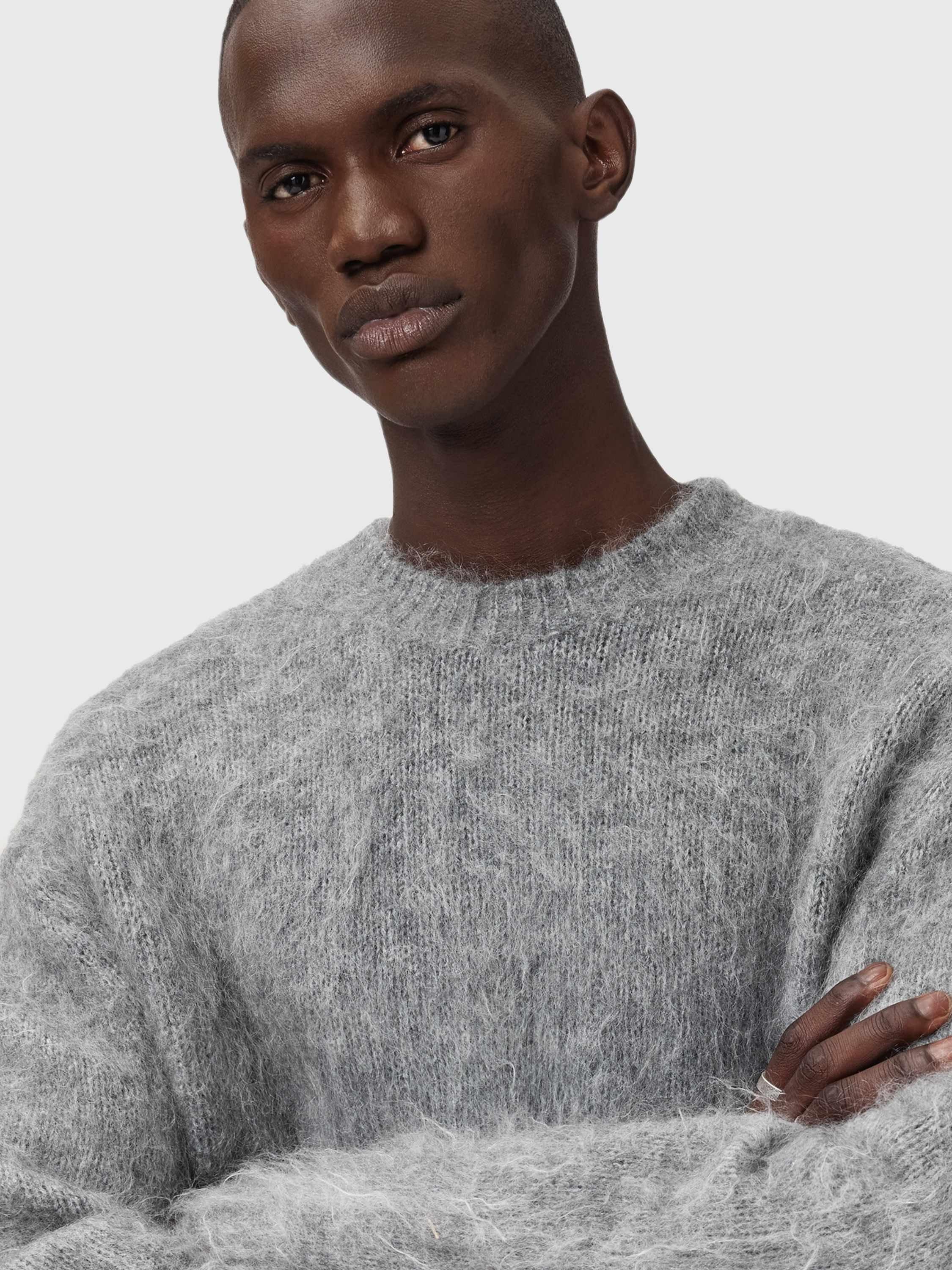 Product image 5 of 8, which shows AllSaints Coby Wool Mohair Blend Knit Jumper, Grey Marl, XL