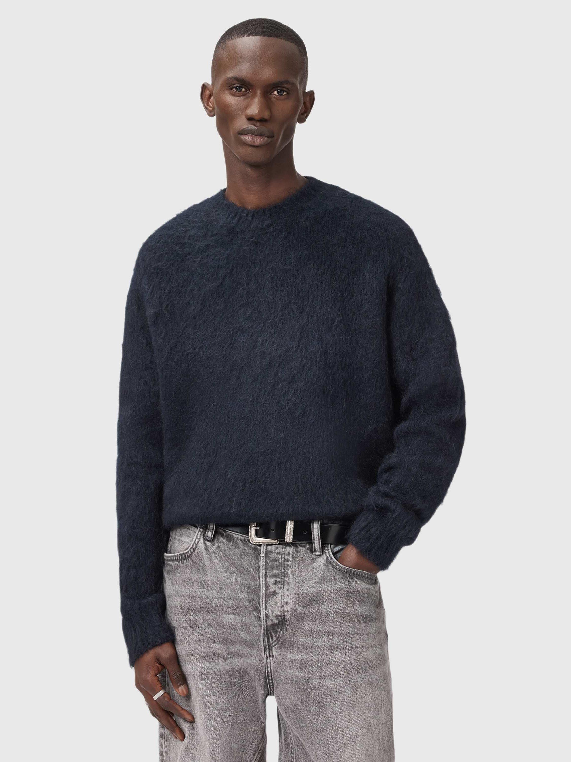 Product image 1 of 8, which shows AllSaints Coby Wool Mohair Blend Knit Jumper, Blue Ink, XS