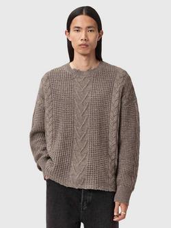 AllSaints Tenter Cotton Wool Mix Crew Neck Top, Fawn Brown, Fawn Brown