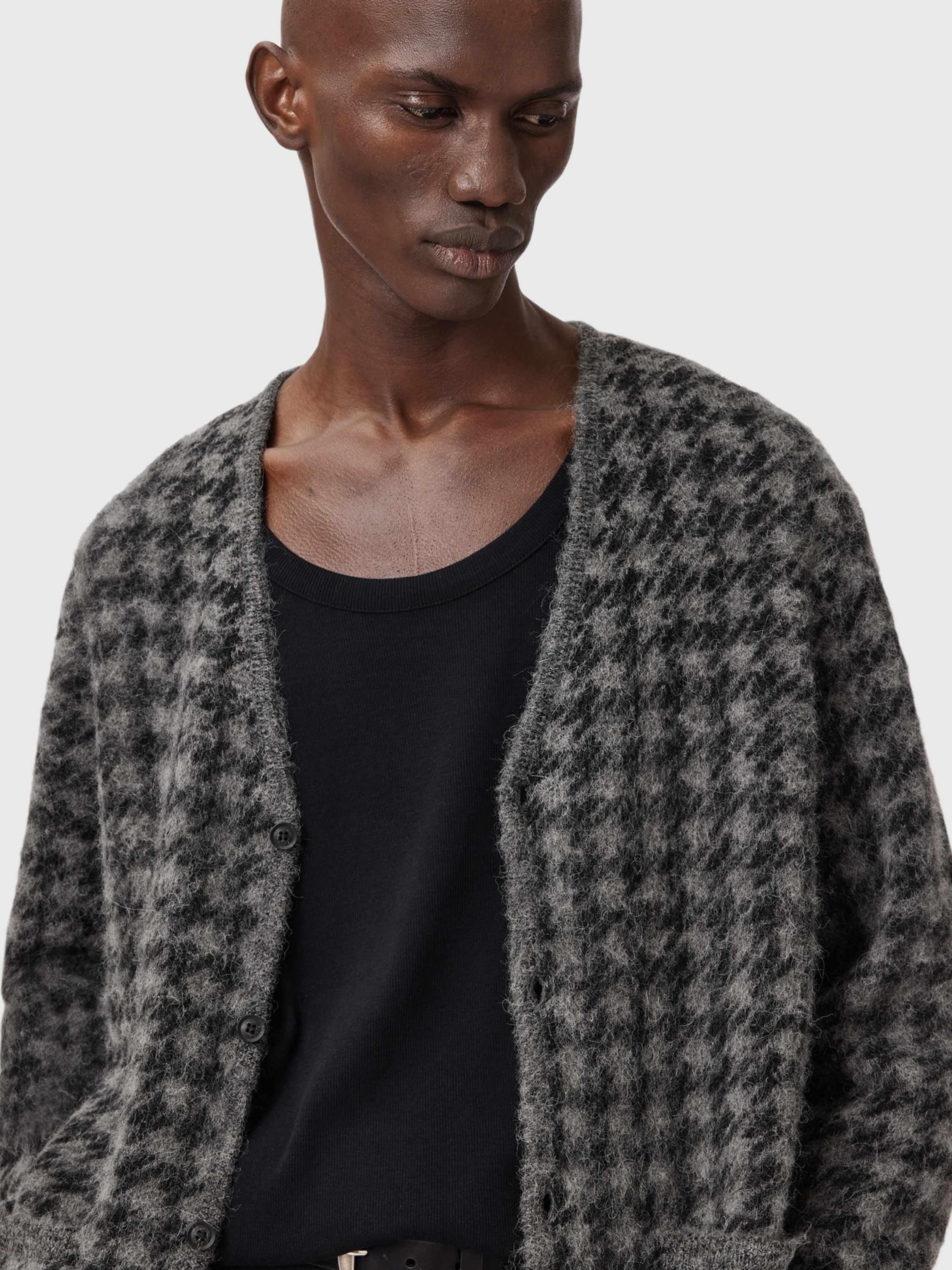 AllSaints Zain Wool Blend V-Neck Checked Cardigan, Charcoal Grey