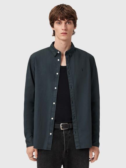 AllSaints Hawthorne Cotton Blend Regular Fit Shirt, Cascade Blue