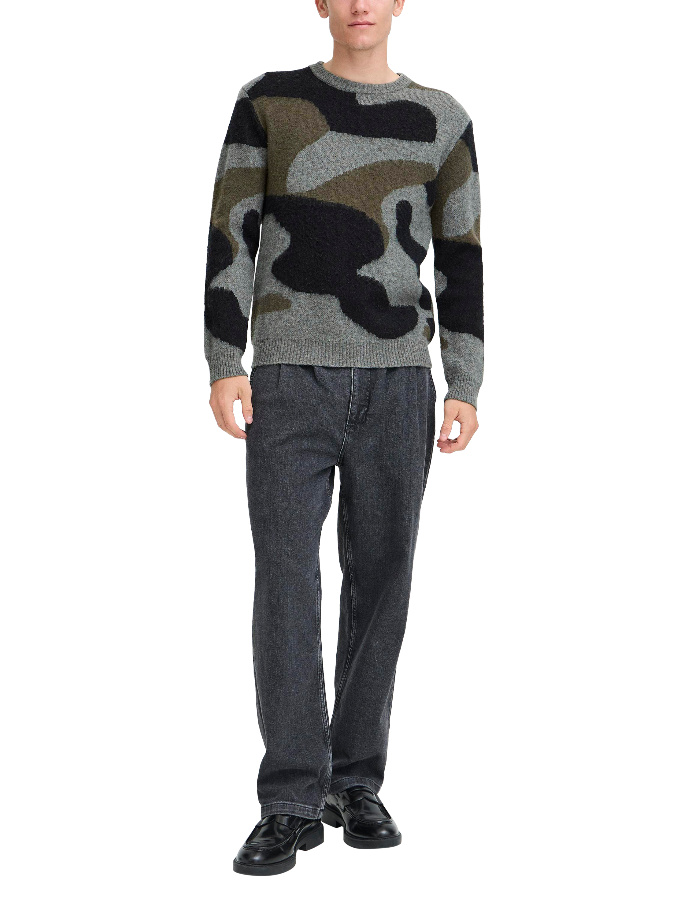 Product image 3 of 7, which shows Casual Friday Wool Blend Camouflage Crew Neck Jumper, Castlerock Melange, L