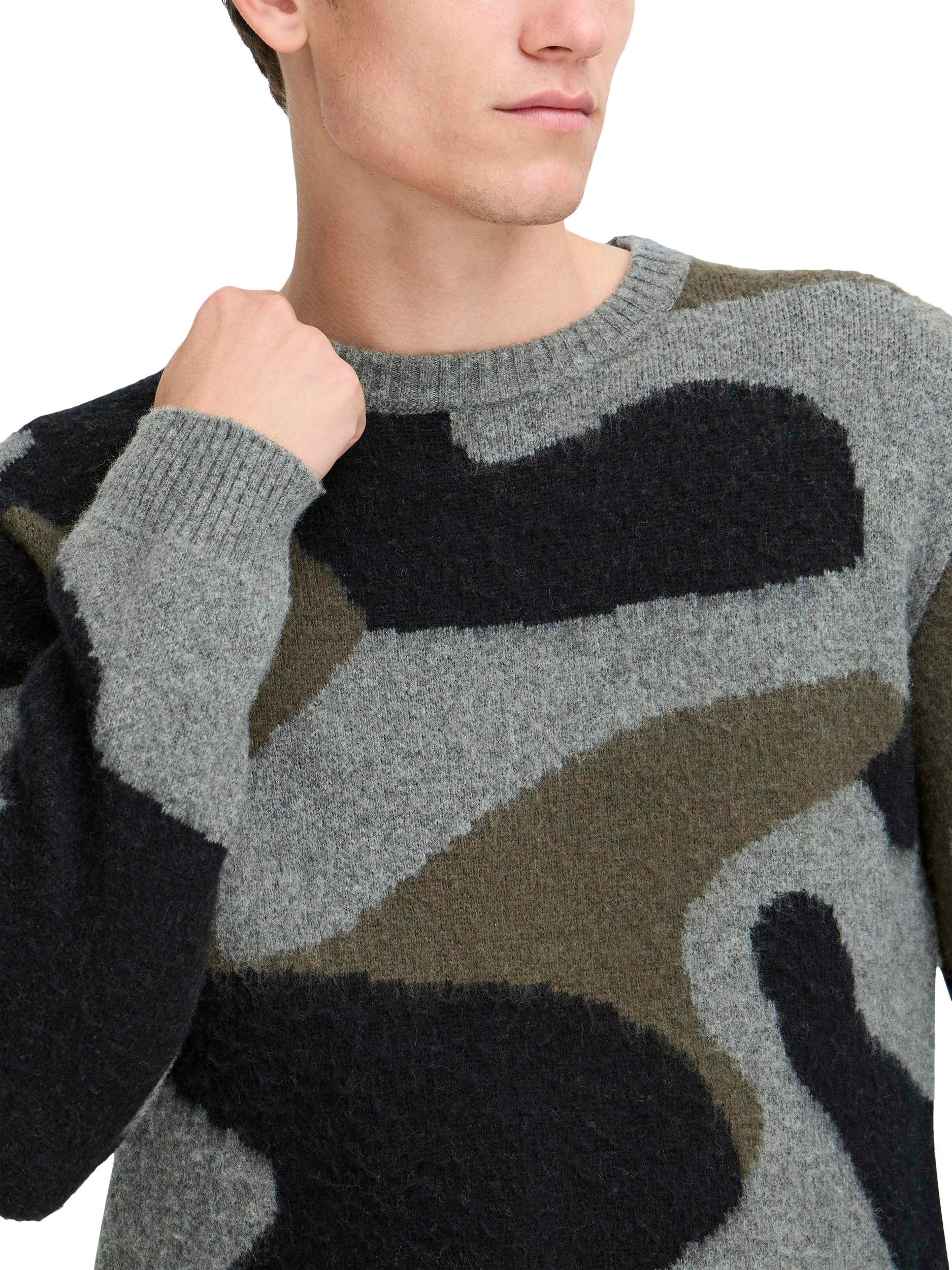 Product image 4 of 7, which shows Casual Friday Wool Blend Camouflage Crew Neck Jumper, Castlerock Melange, L