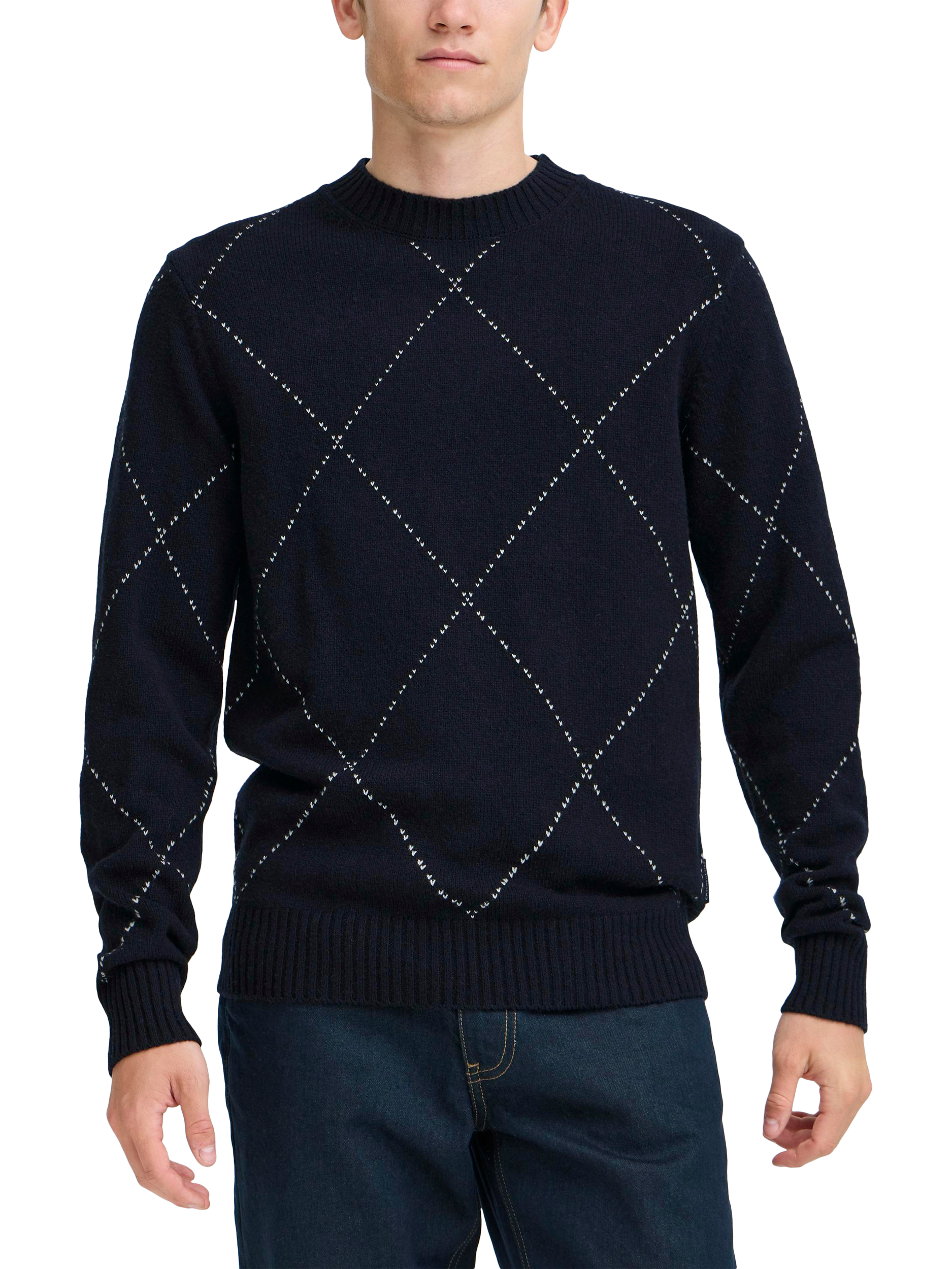 Product image 1 of 7, which shows Casual Friday Wool Blend Jacquard Crew Neck Knit Jumper, Dark Navy, M
