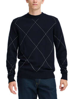 Casual Friday Wool Blend Jacquard Crew Neck Knit Jumper, Dark Navy