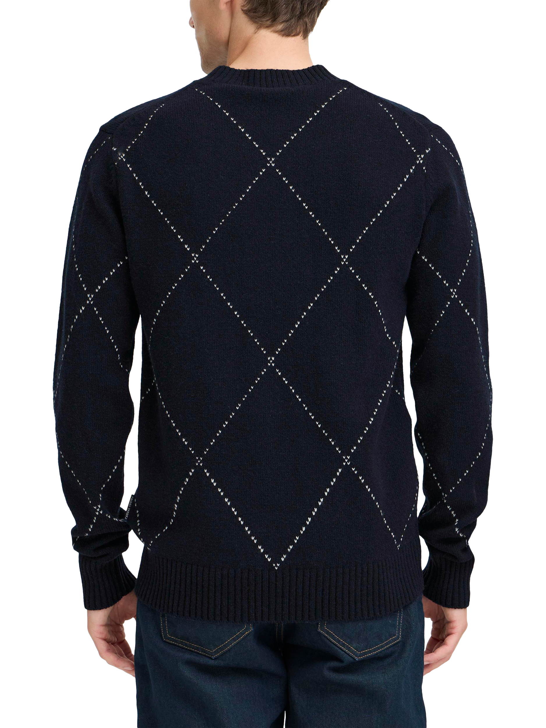 Product image 2 of 7, which shows Casual Friday Wool Blend Jacquard Crew Neck Knit Jumper, Dark Navy, M