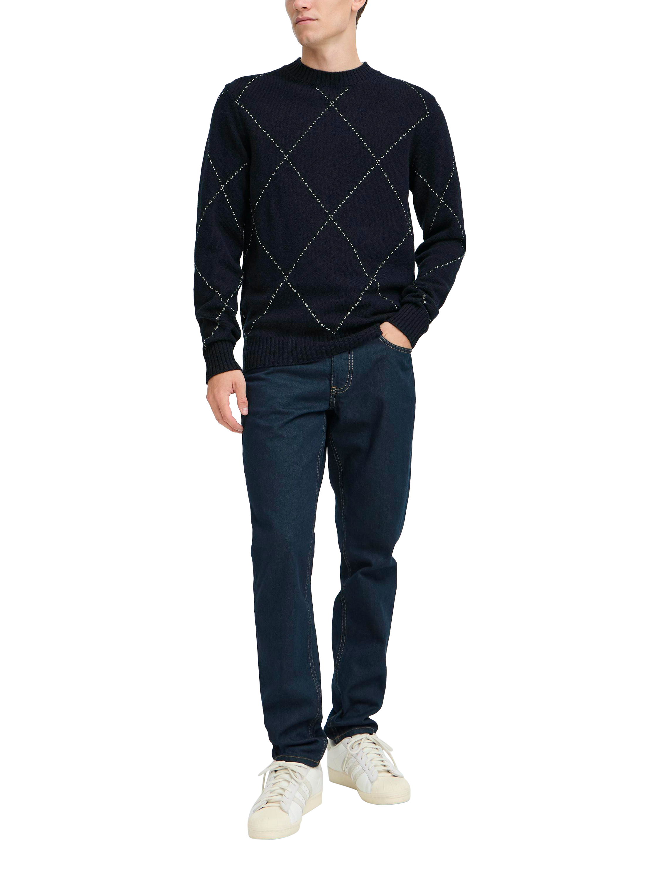 Product image 3 of 7, which shows Casual Friday Wool Blend Jacquard Crew Neck Knit Jumper, Dark Navy, M