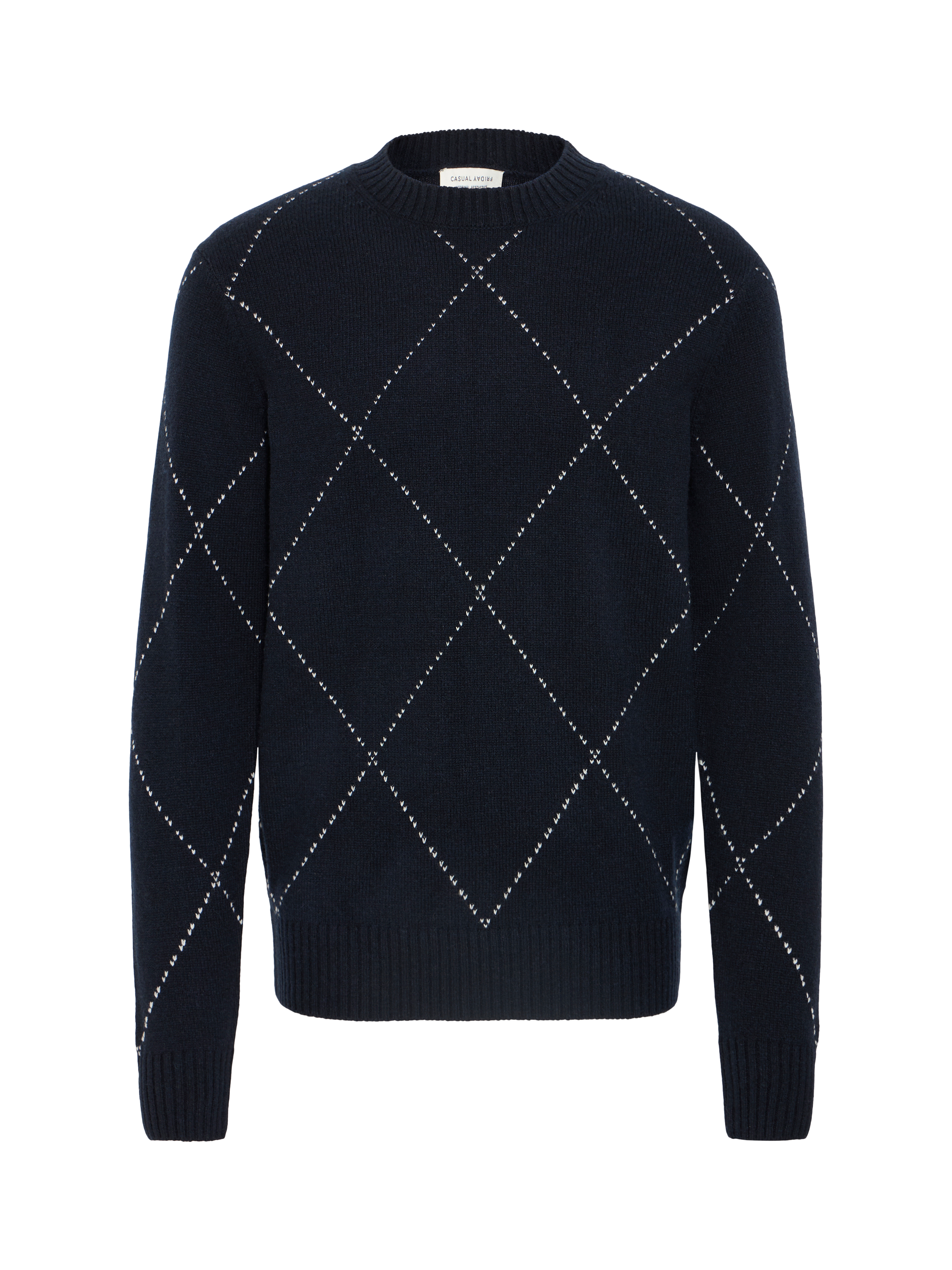 Product image 5 of 7, which shows Casual Friday Wool Blend Jacquard Crew Neck Knit Jumper, Dark Navy, M