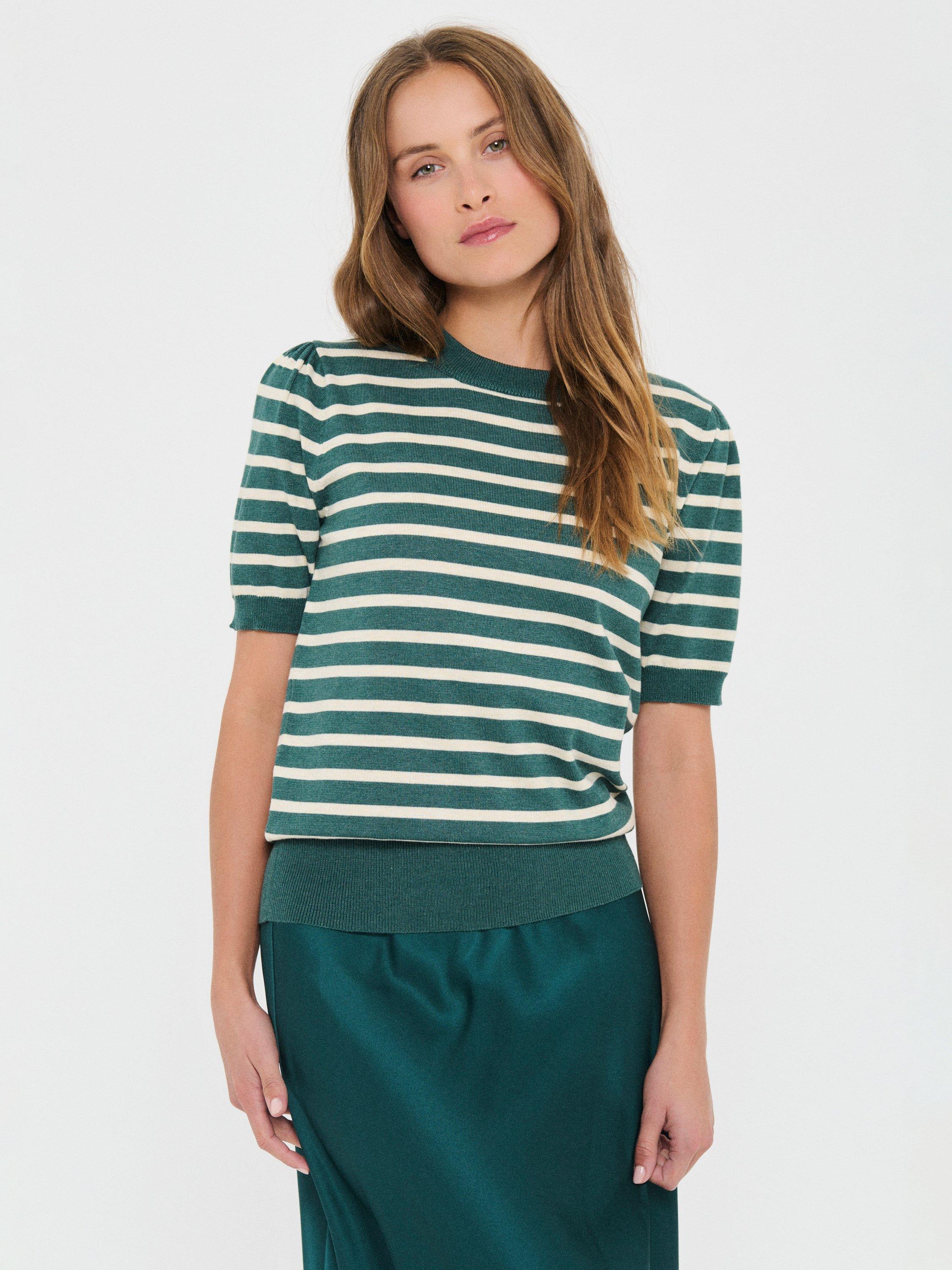 Product image 1 of 6, which shows Saint Tropez Mila Stripe Short Sleeve Jumper, Green, XS