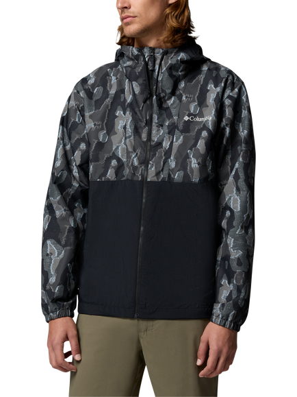 Columbia Men's Spire Valley Novelty Print Hooded Windbreaker Jacket, Black Treebark