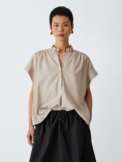 John Lewis Short Sleeve Ruffle Collar Pinstripe Blouse, Neutral Stripe, Neutral Stripe