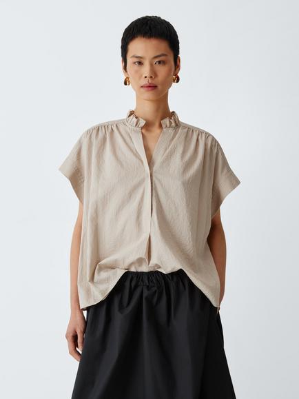 John Lewis Short Sleeve Ruffle Collar Pinstripe Blouse, Neutral Stripe, Neutral Stripe