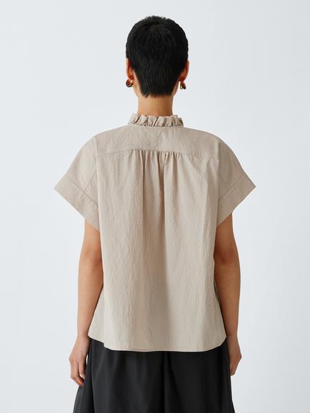 John Lewis Short Sleeve Ruffle Collar Pinstripe Blouse, Neutral Stripe - view 2, Neutral Stripe