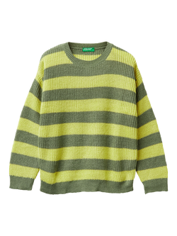 Benetton Kids' Chunky Knit Crew Neck Striped Sweater, Green