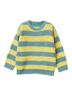 Benetton Kids' Chunky Knit Crew Neck Striped Sweater, Green/Yellow