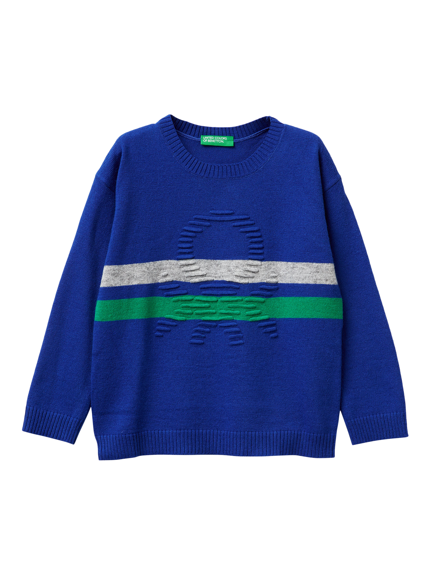 Product image 1 of 3, which shows Benetton Kids' Crew Neck Stripe Logo Sweatshirt, Blue, 3-4 years