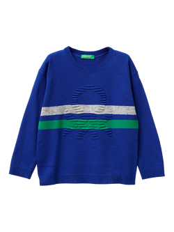 Benetton Kids' Crew Neck Stripe Logo Sweatshirt, Blue, Blue