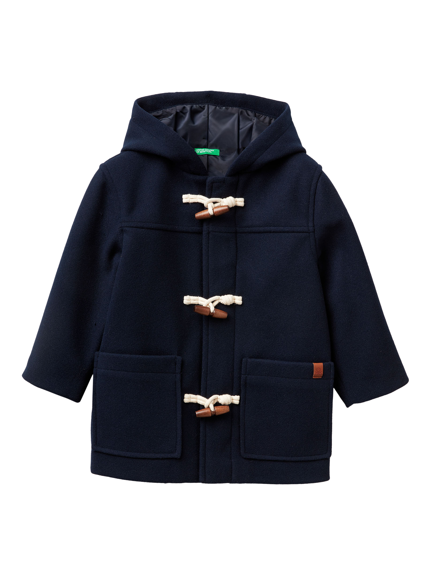 Product image 1 of 3, which shows Benetton Kids' Hooded Duffle Coat, Navy, 6-7 years