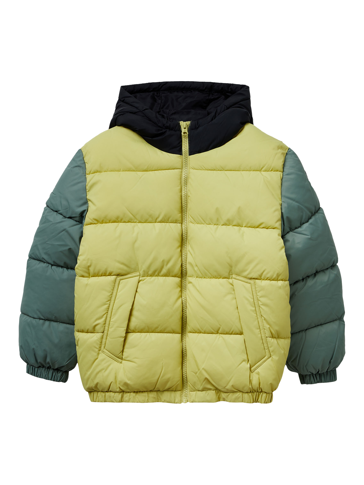 Product image 1 of 3, which shows Benetton Kids' Colour Block Hooded Puffer Jacket, Multicolor, 6-7 years