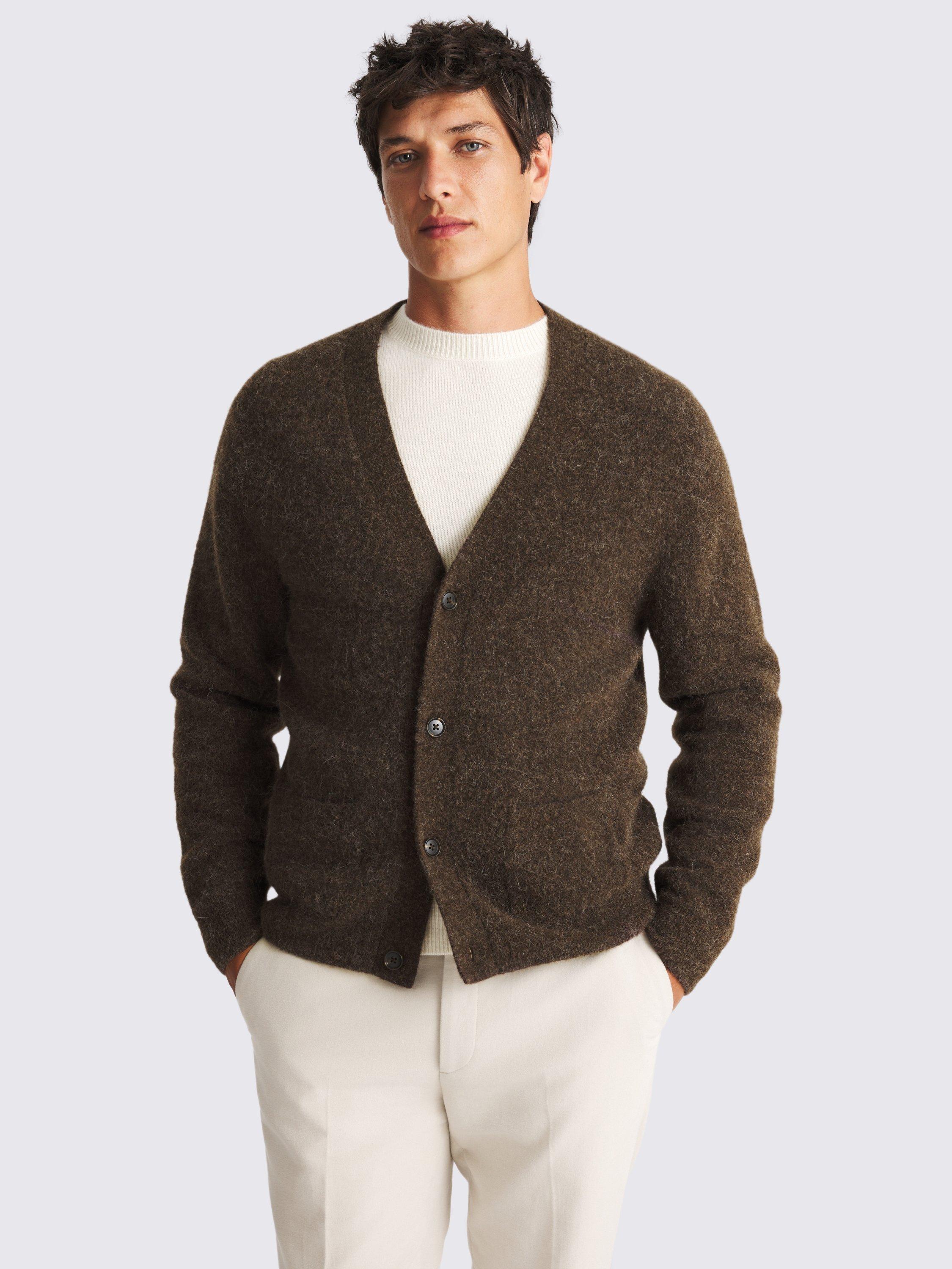 Product image 1 of 4, which shows Moss Alpaca and Merino Wool Blend Cardigan, Brown, S