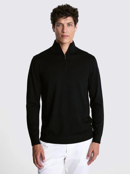 Moss Merino Wool Blend Zip Neck Jumper, Black