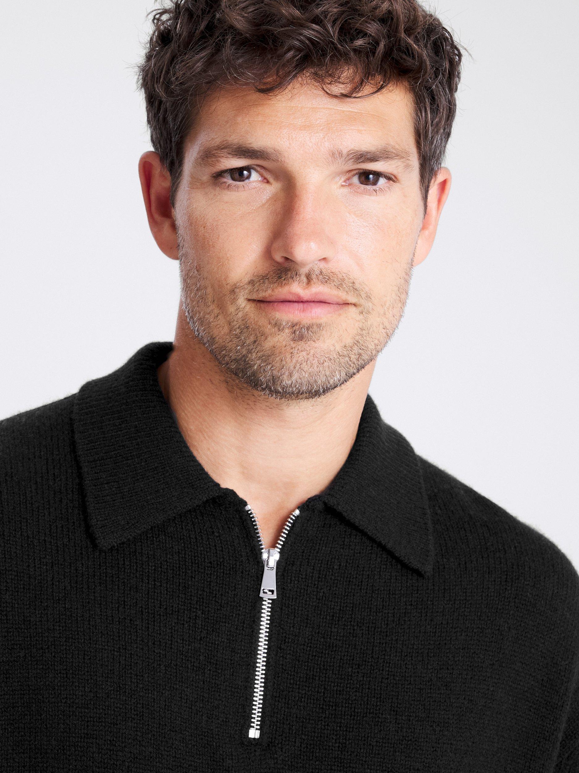 Product image 3 of 4, which shows Moss Half Zip Wool Polo Shirt, Black, S