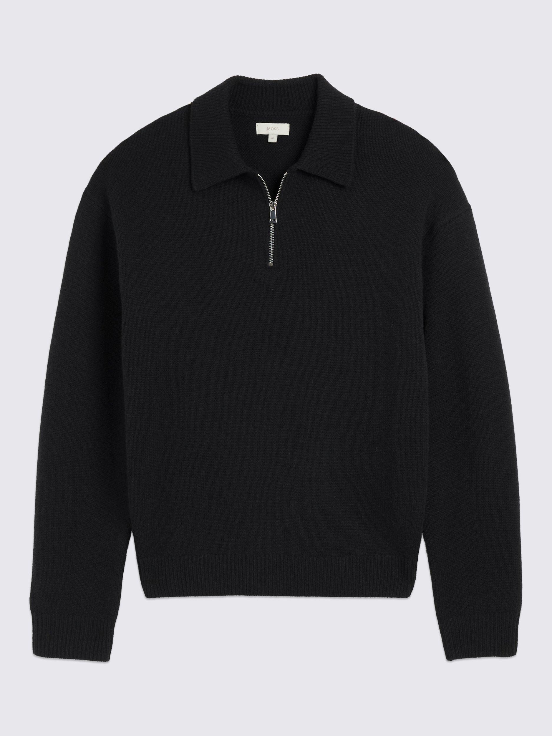Product image 4 of 4, which shows Moss Half Zip Wool Polo Shirt, Black, S