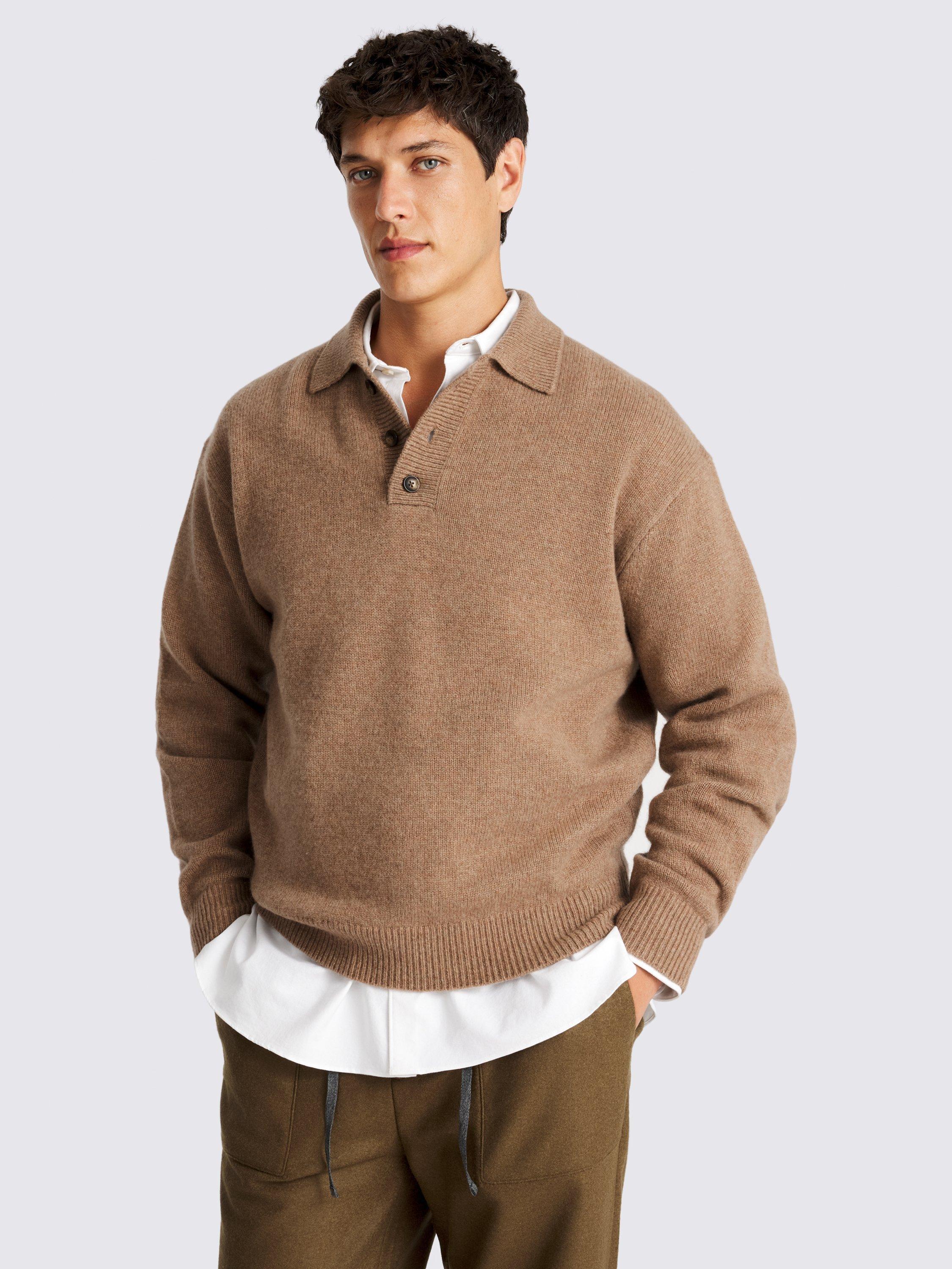 Product image 1 of 4, which shows Moss Long Sleeve Wool Polo Shirt, Beige, S