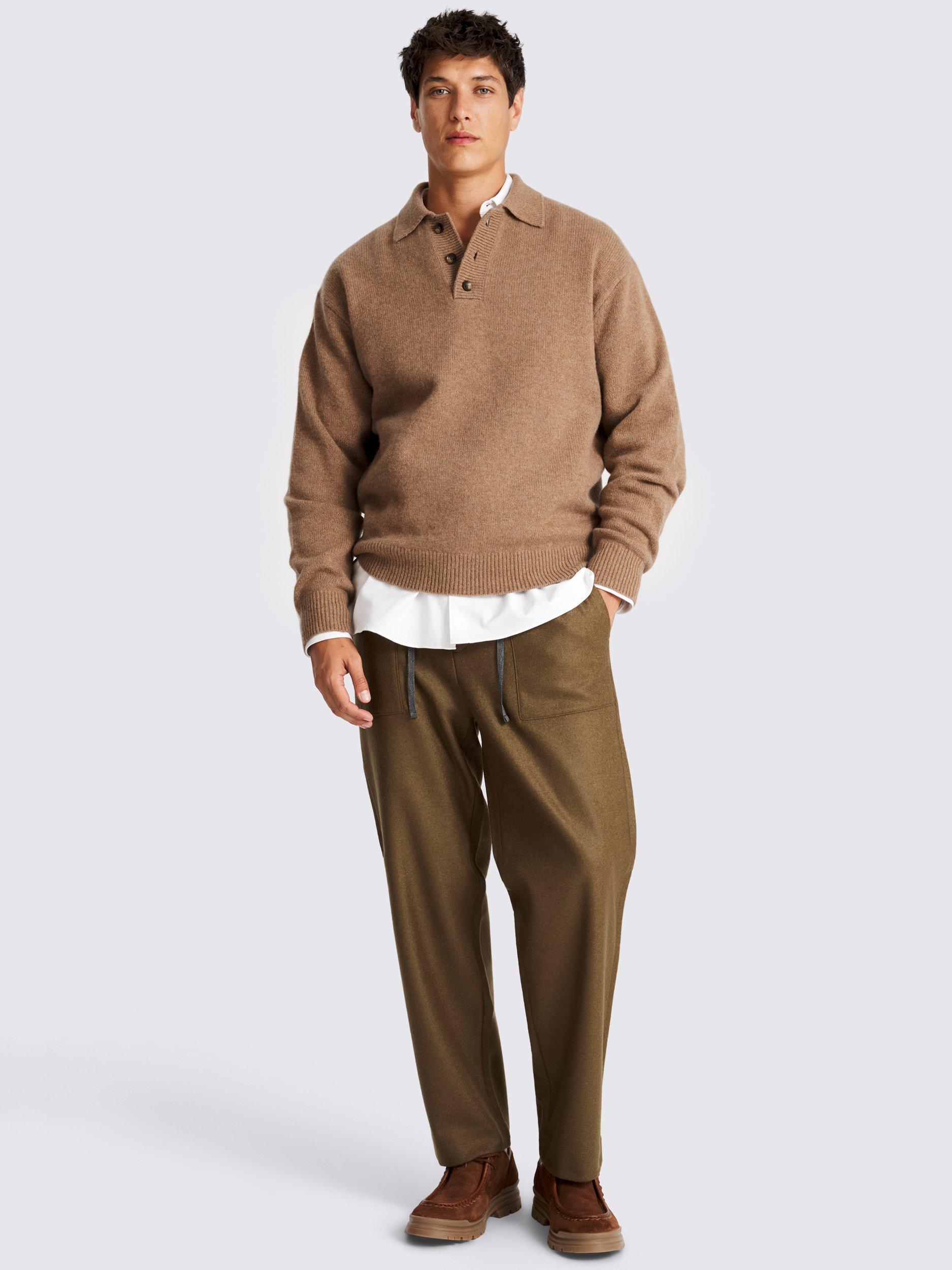 Product image 2 of 4, which shows Moss Long Sleeve Wool Polo Shirt, Beige, S