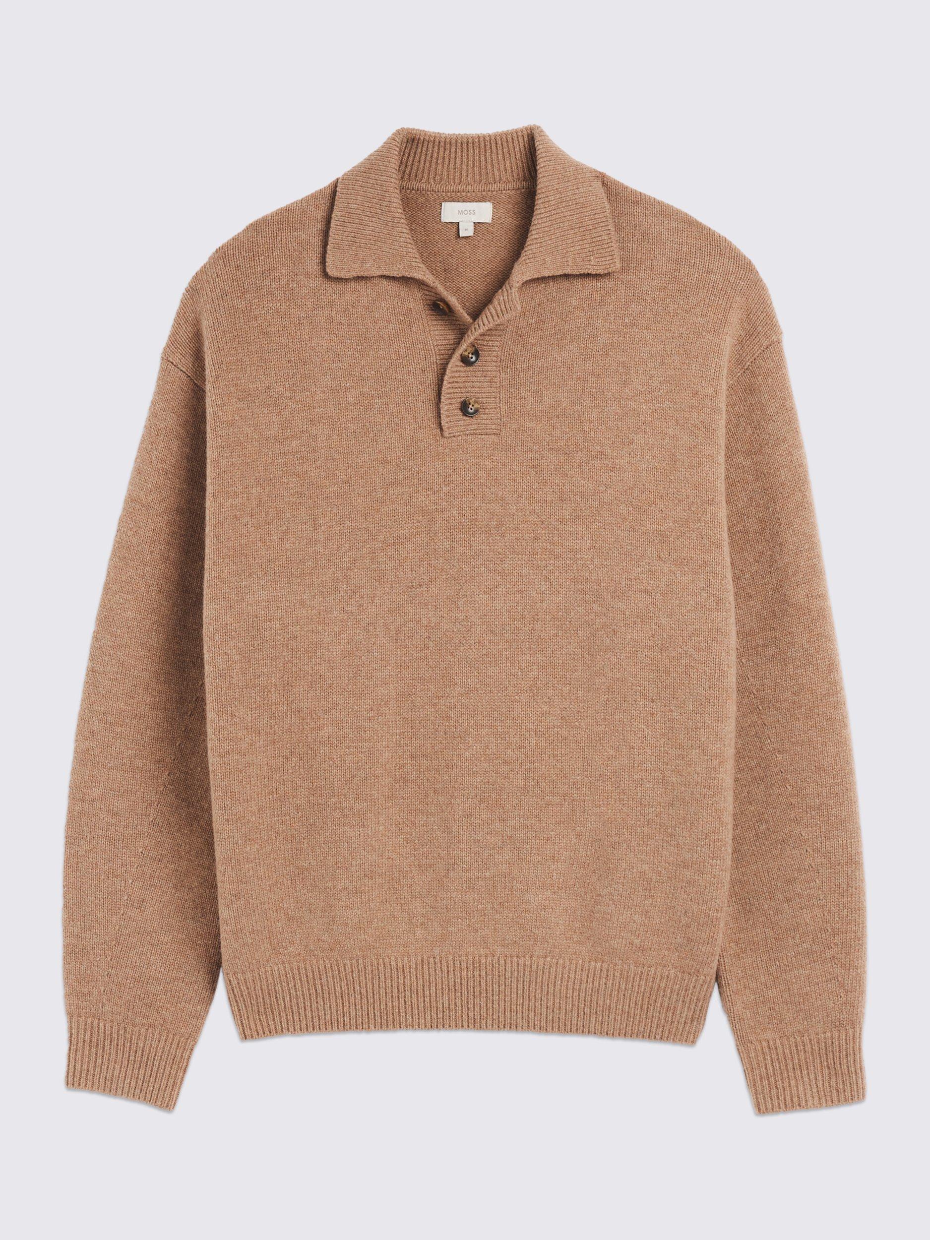 Product image 4 of 4, which shows Moss Long Sleeve Wool Polo Shirt, Beige, S