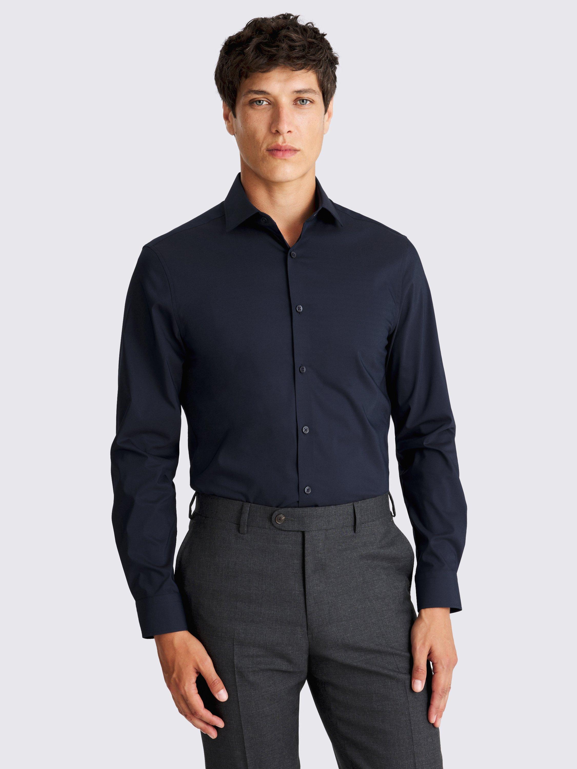 Product image 1 of 3, which shows Moss Cotton Blend Slim Fit Shirt, Dark Navy, 13.5