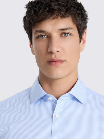 Moss Slim Fit Cotton Stripe Non Iron Shirt, Sky - view 2, Sky