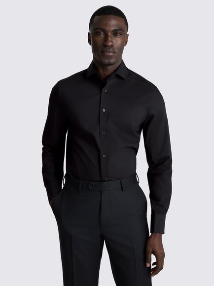 Moss Tailored Fit Cotton Blend Double Cuff Stretch Shirt, Black, Black
