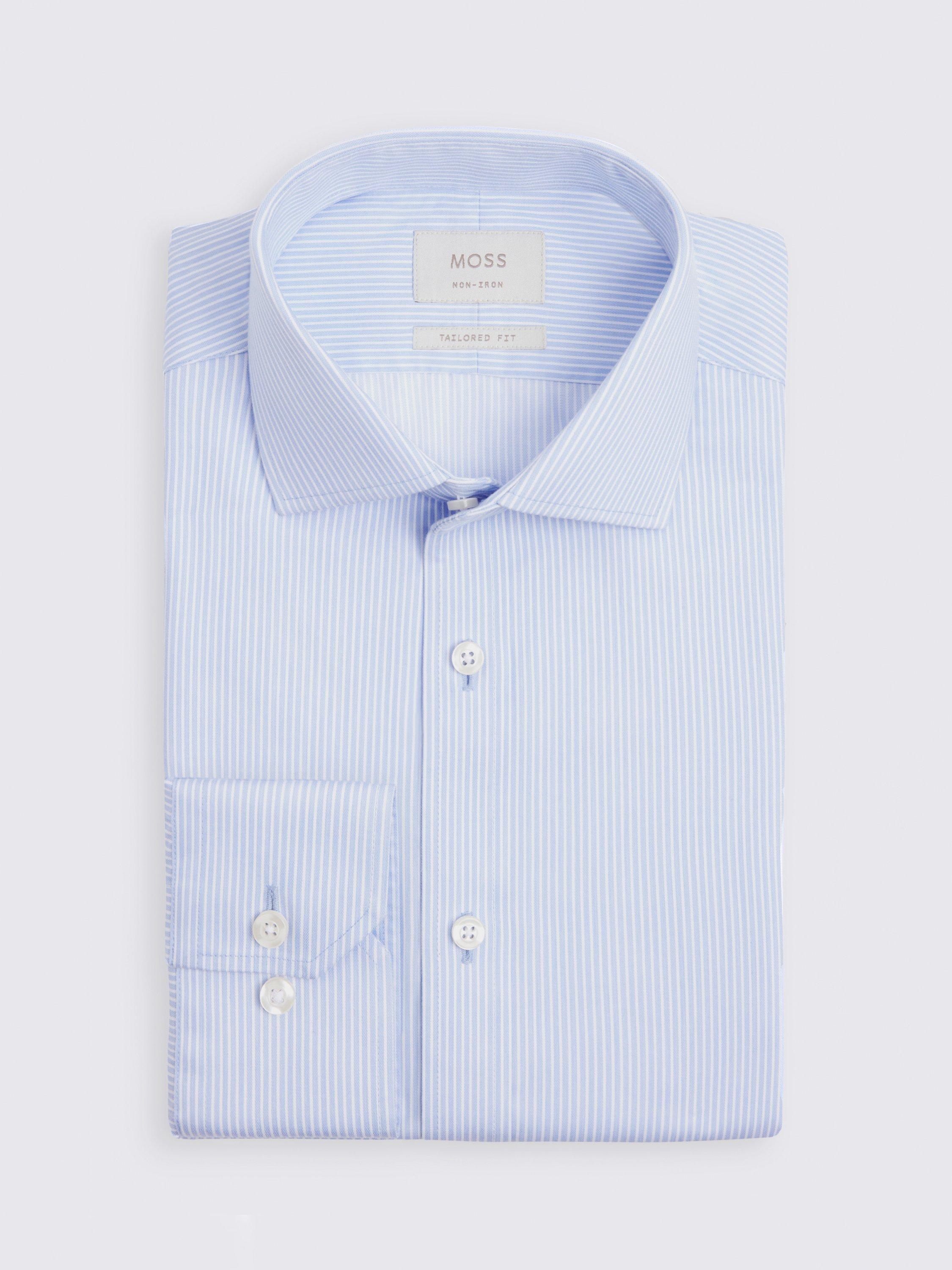 Product image 3 of 3, which shows Moss Cotton Tailored Fit Stripe Shirt, Blue, 14.5