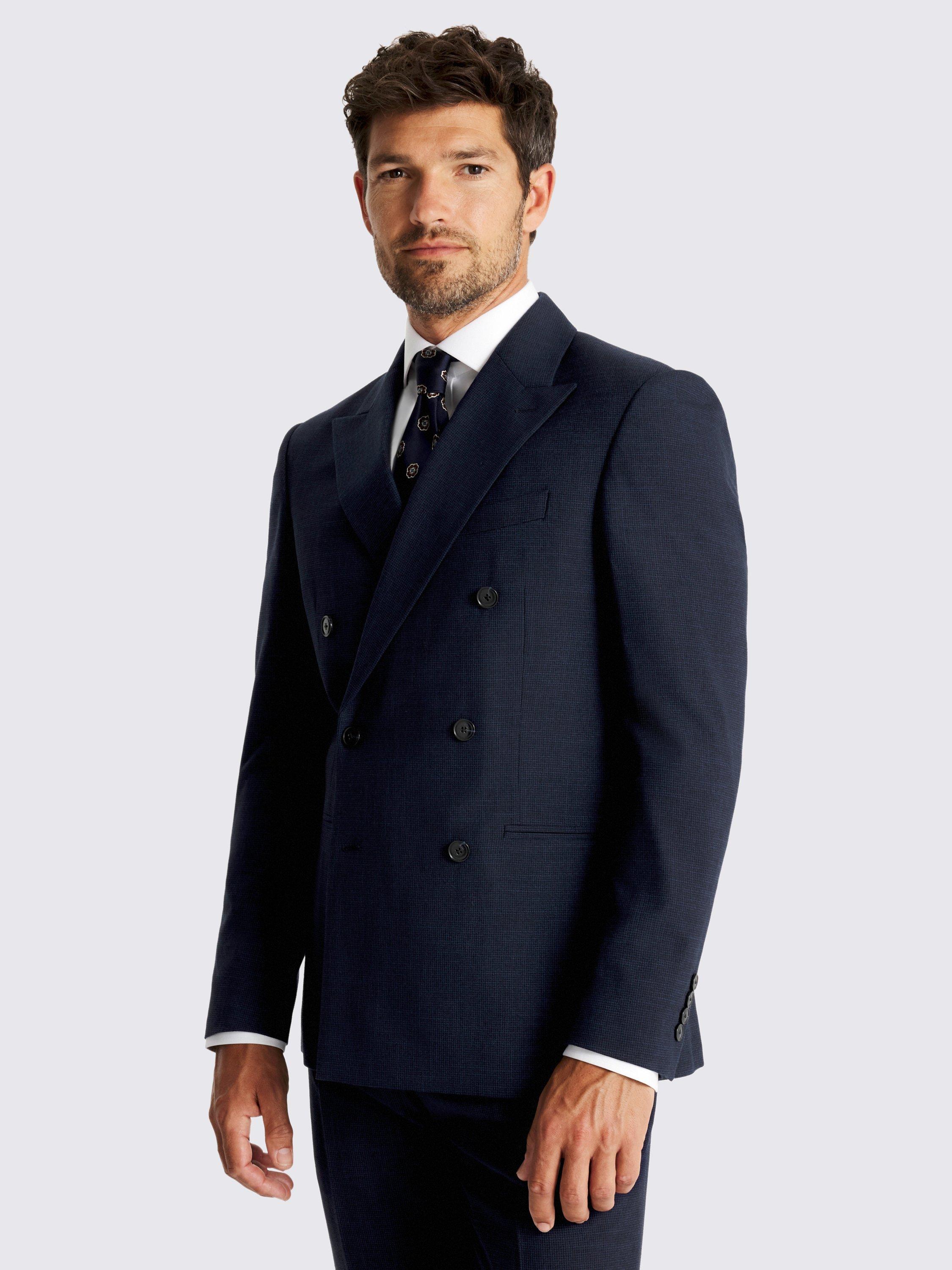 Product image 1 of 6, which shows Moss Slim Fit Puppytooth Double-Breasted Suit Jacket, Blue, 36S