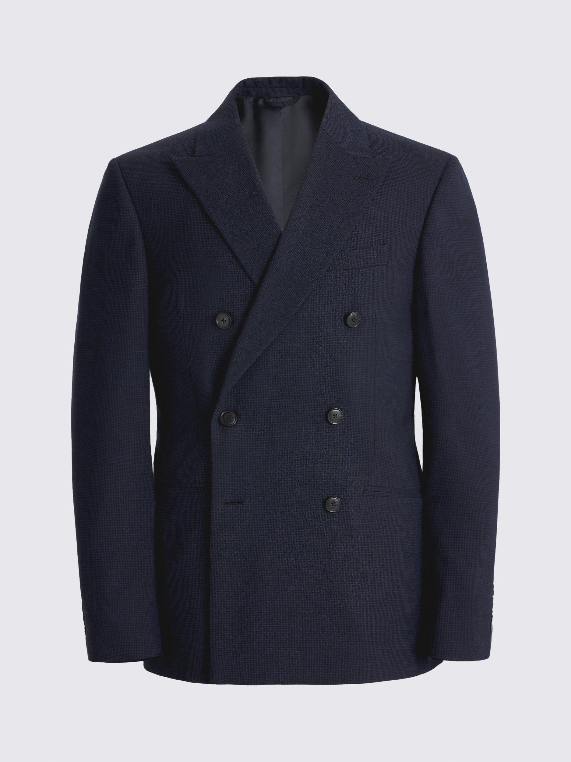 Product image 6 of 6, which shows Moss Slim Fit Puppytooth Double-Breasted Suit Jacket, Blue, 36S
