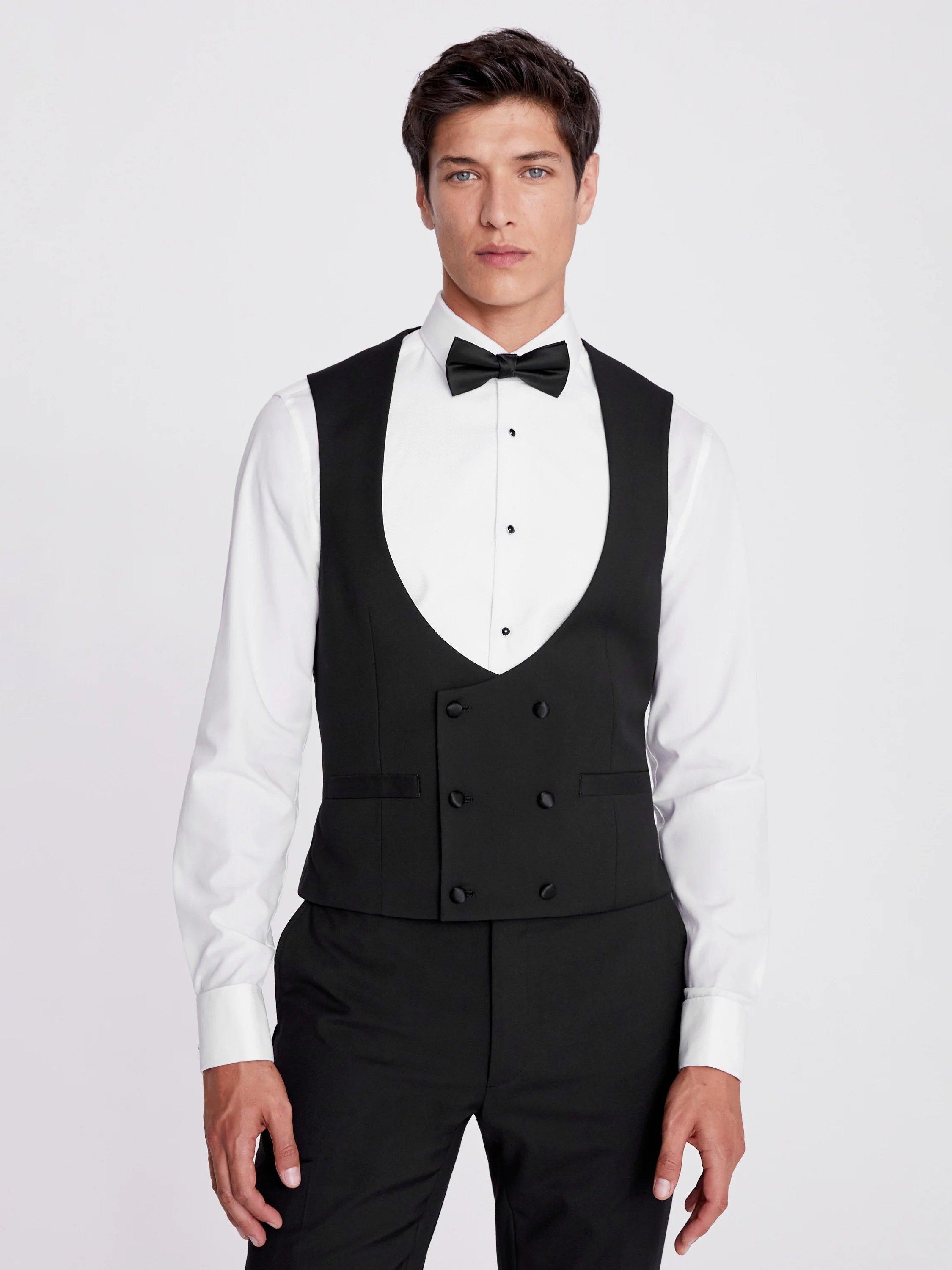 Product image 1 of 3, which shows Moss Double-Breasted Slim Fit Waistcoat, Black, 34R