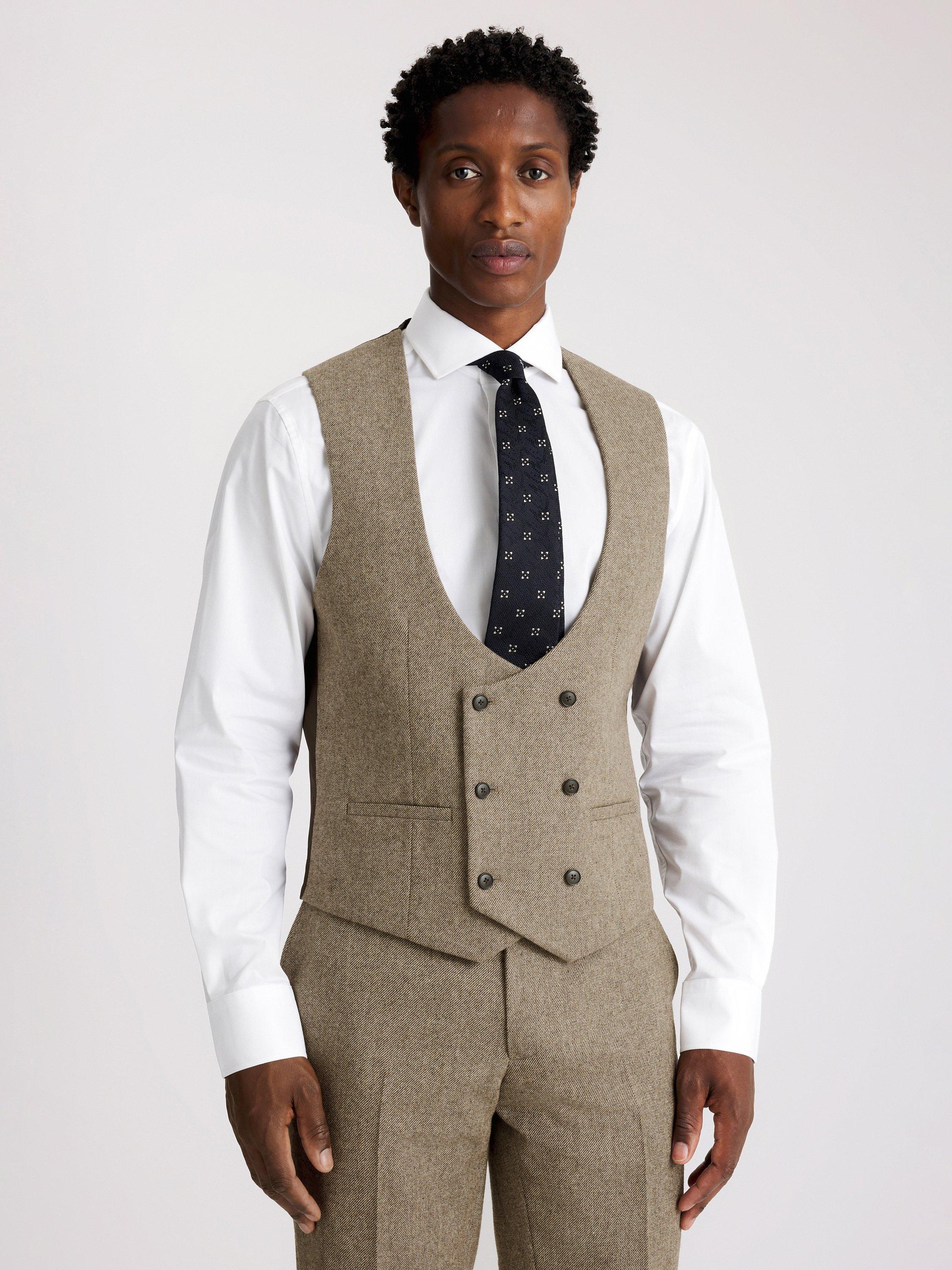 Product image 1 of 3, which shows Moss Slim Fit Wool Blend Double-Breasted Horseshoe Waistcoat, Brown, 36R