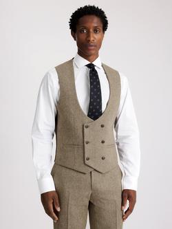 Moss Slim Fit Wool Blend Double-Breasted Horseshoe Waistcoat, Brown, Brown