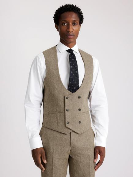 Moss Slim Fit Wool Blend Double-Breasted Horseshoe Waistcoat, Brown, Brown