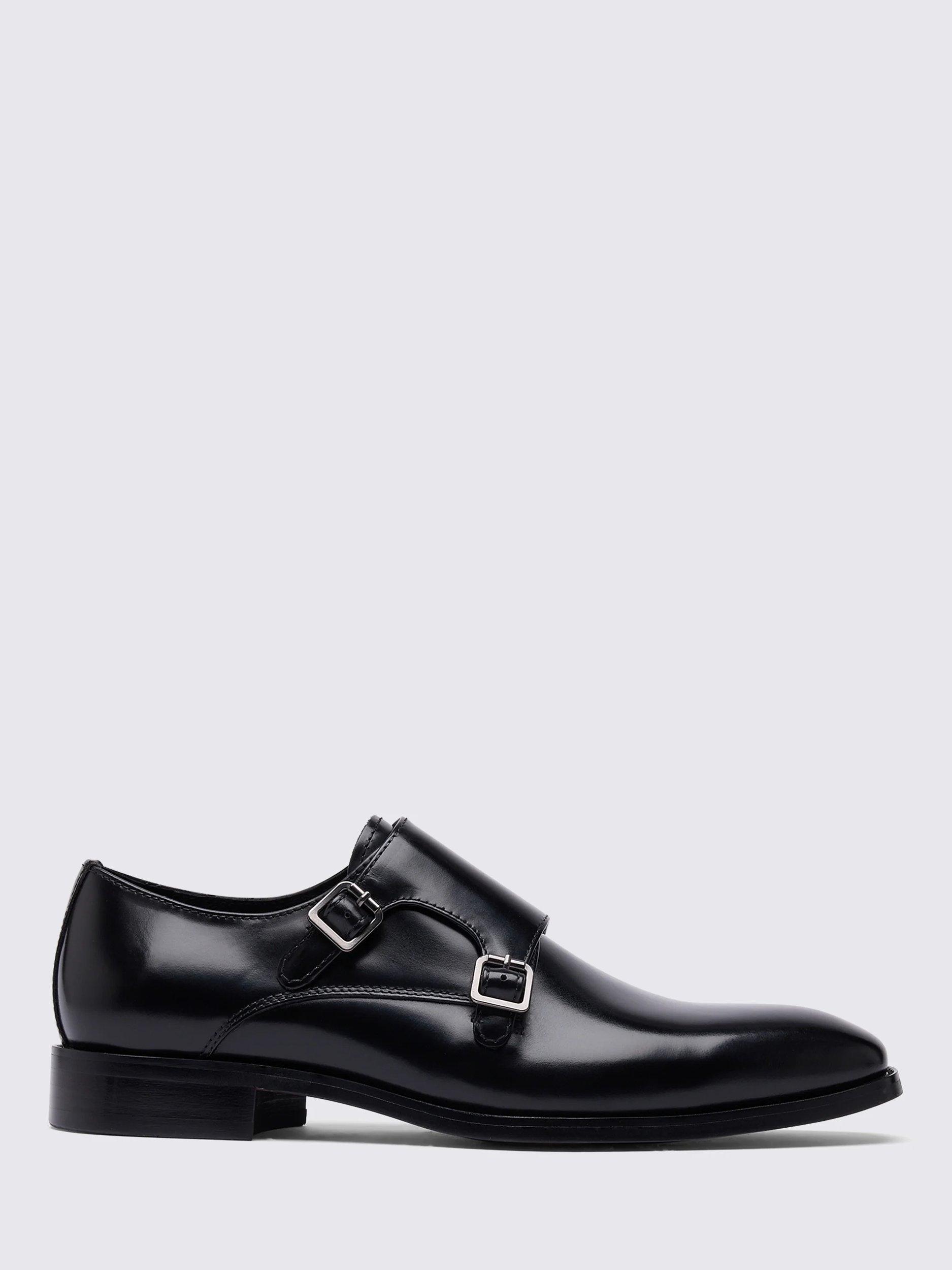 Product image 1 of 5, which shows Moss John White Monkton Leather Double Monk Shoes, Black, 6