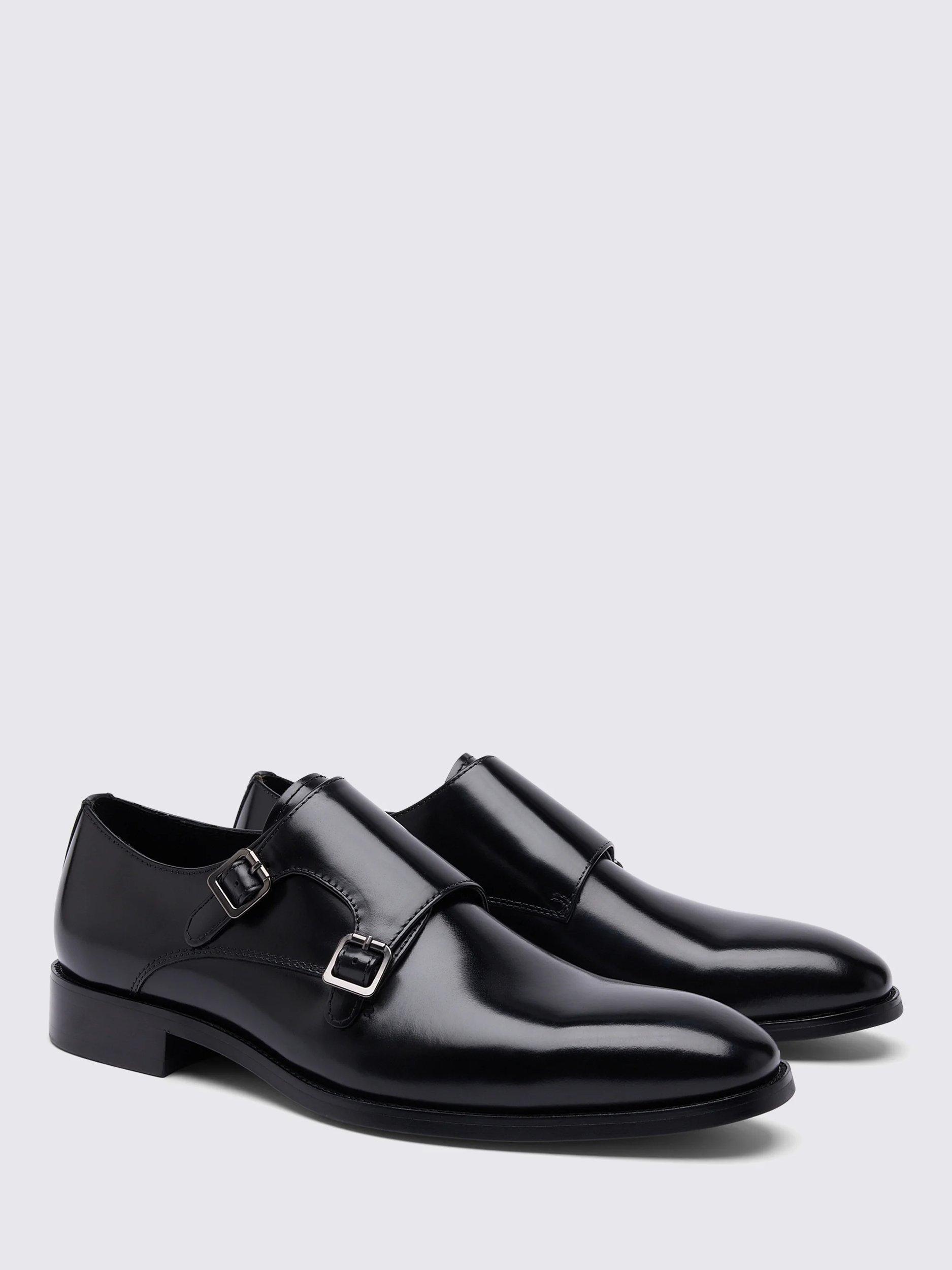 Product image 2 of 5, which shows Moss John White Monkton Leather Double Monk Shoes, Black, 6