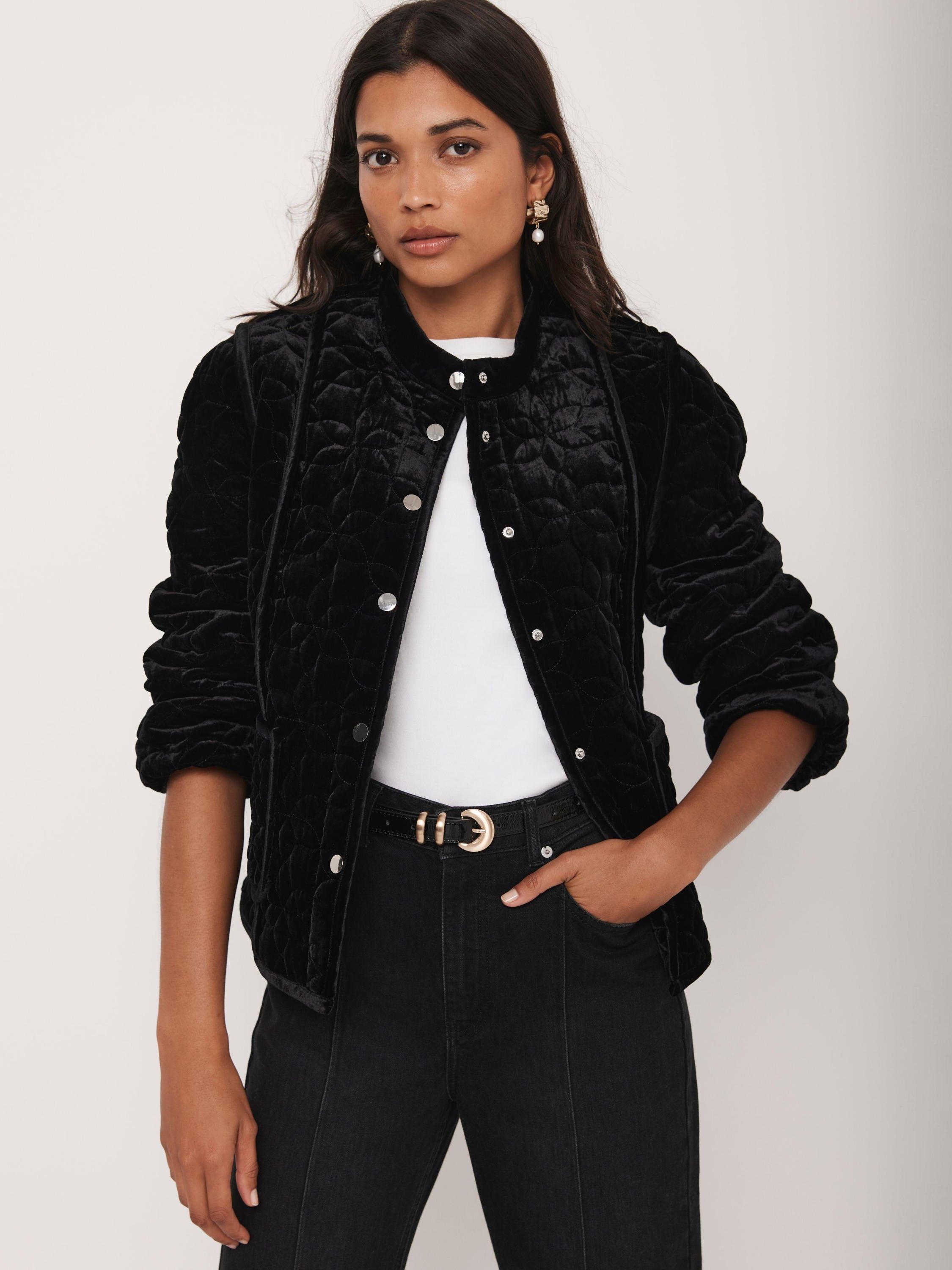 Product image 3 of 8, which shows Mint Velvet High Neck Velvet Padded Jacket, Black, XS