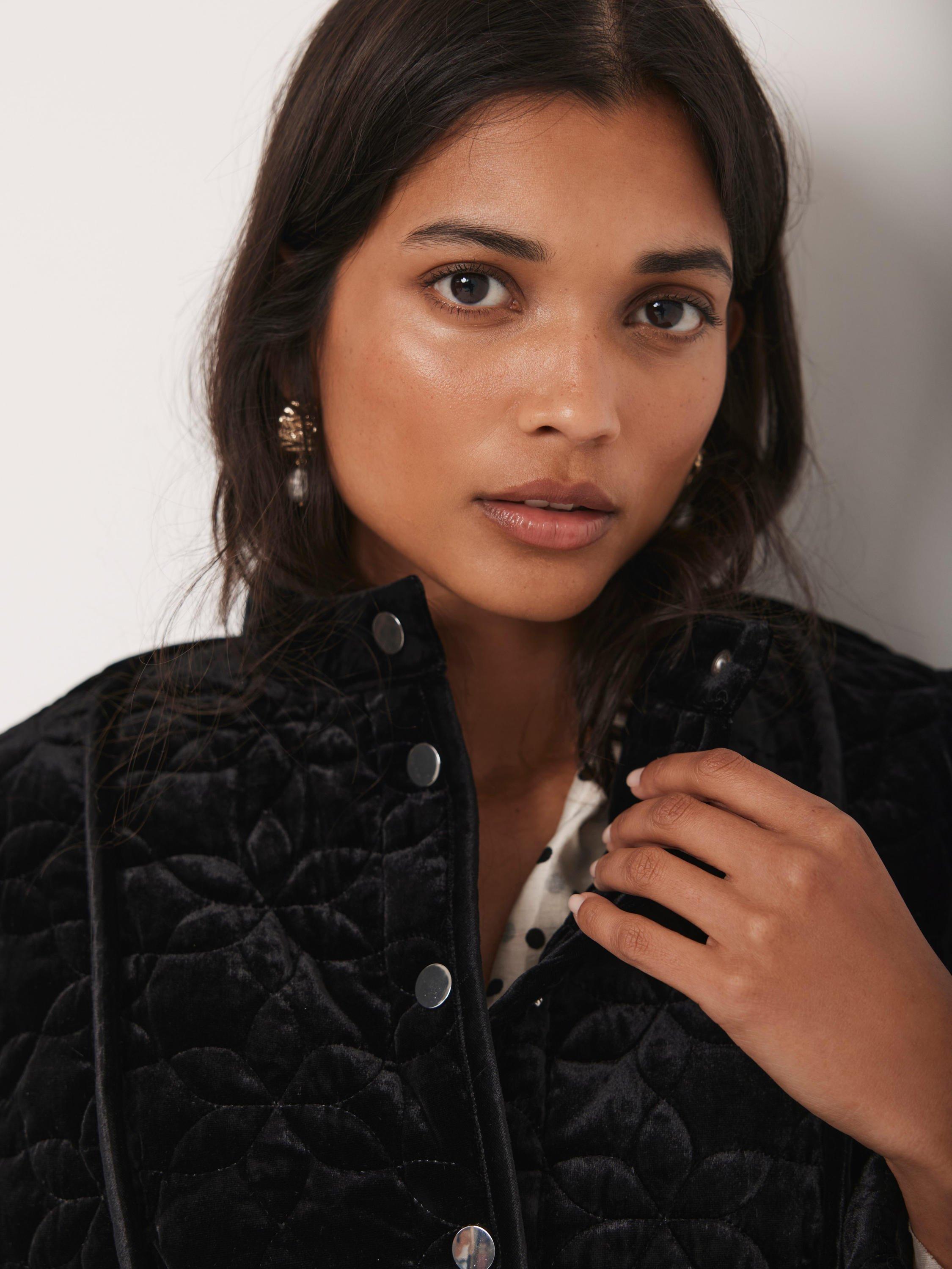 Product image 4 of 8, which shows Mint Velvet High Neck Velvet Padded Jacket, Black, XS