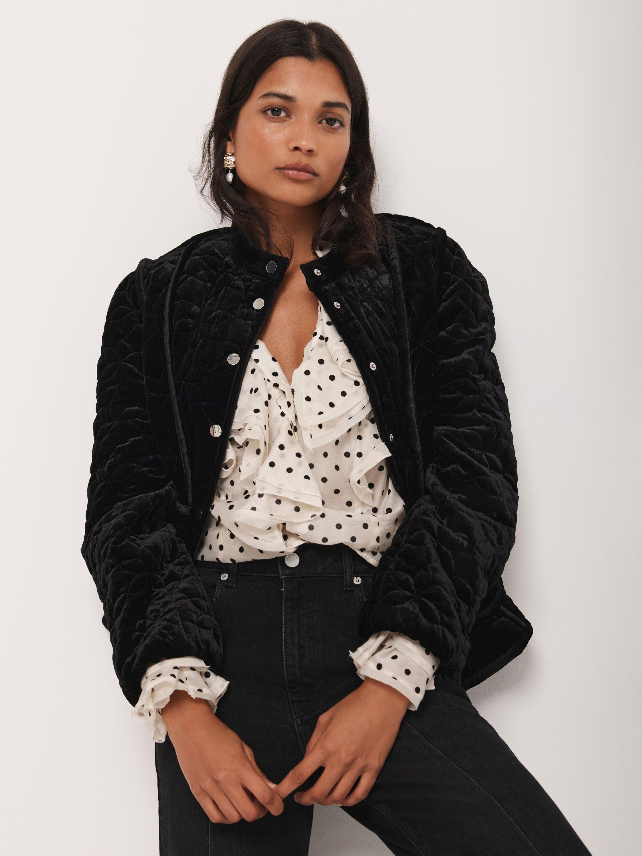 Product image 6 of 8, which shows Mint Velvet High Neck Velvet Padded Jacket, Black, XS