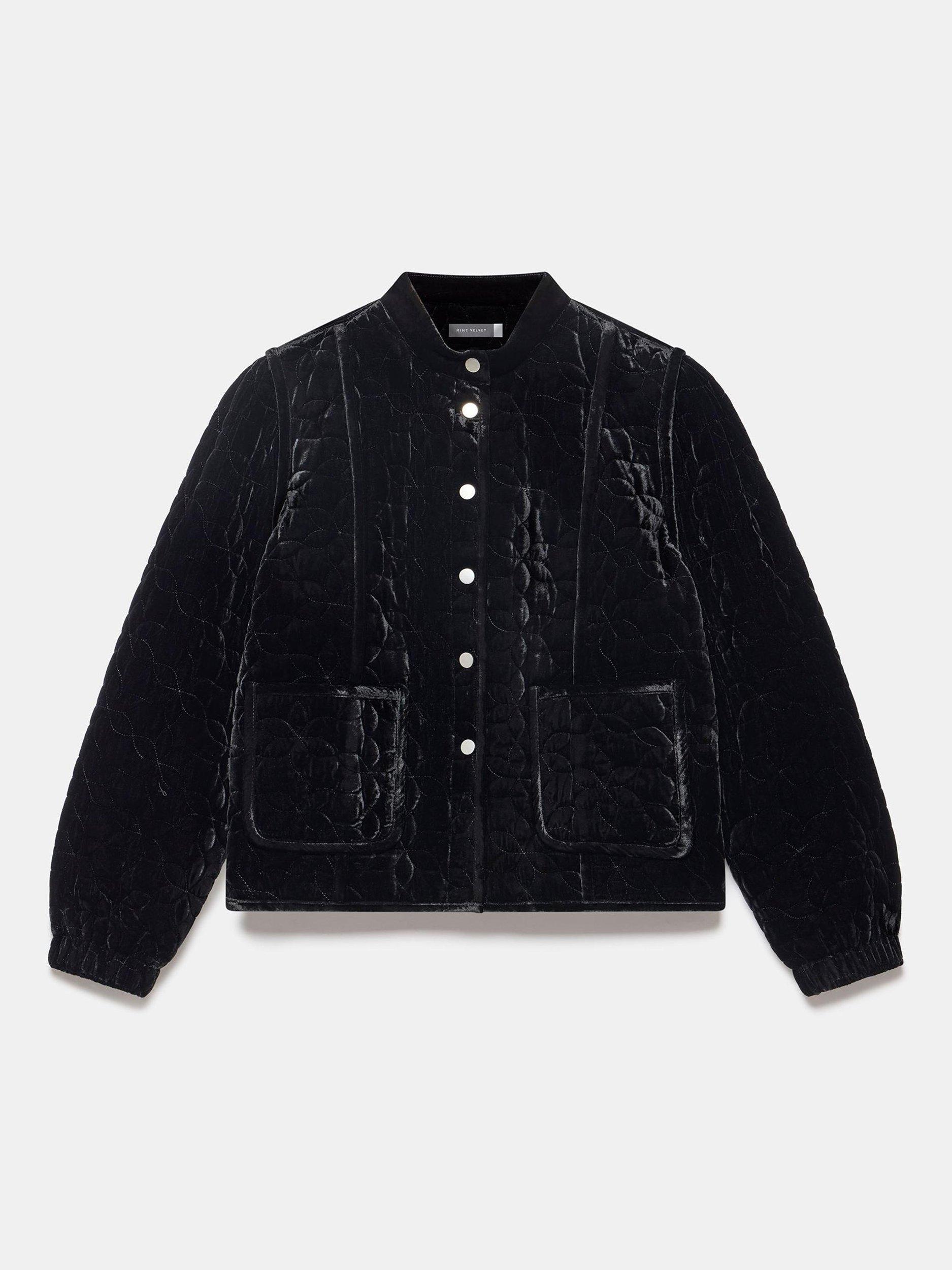 Product image 7 of 8, which shows Mint Velvet High Neck Velvet Padded Jacket, Black, XS