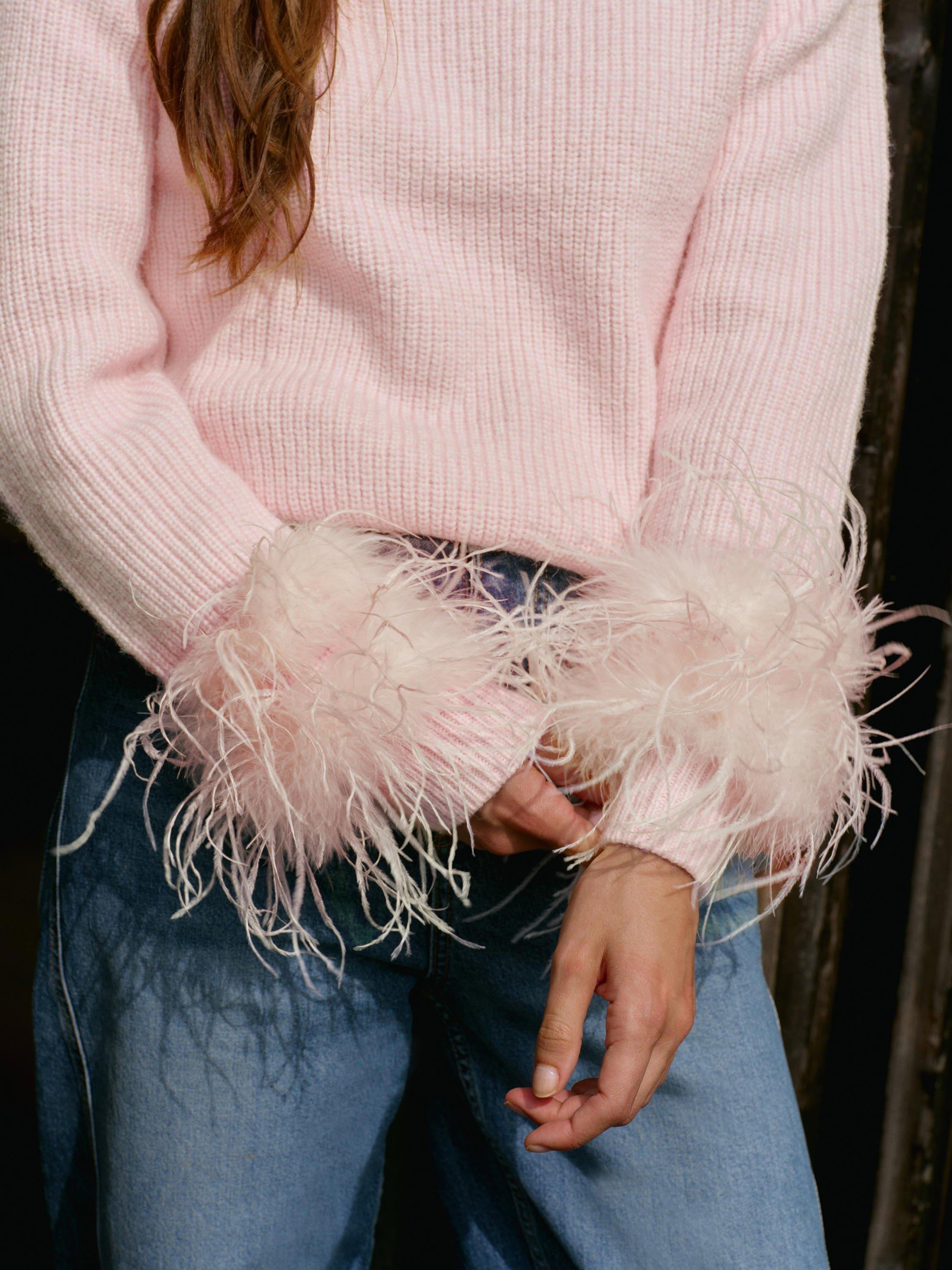 Product image 3 of 5, which shows Mint Velvet Feather Trim Jumper, Light Pink, S