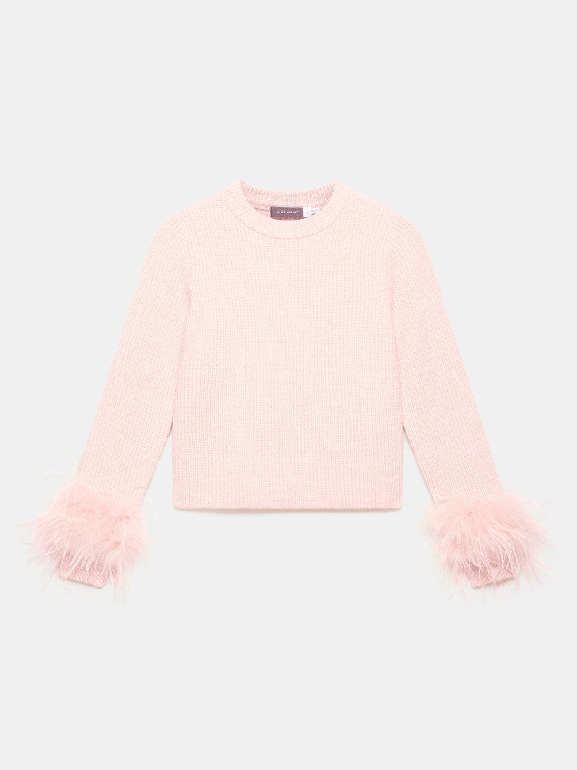 Product image 4 of 5, which shows Mint Velvet Feather Trim Jumper, Light Pink, S