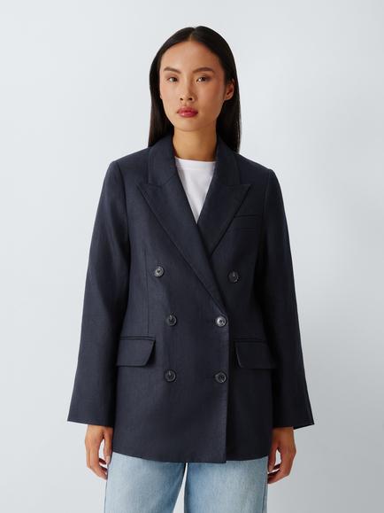 John Lewis Double Breasted Linen Blazer, Dark Navy